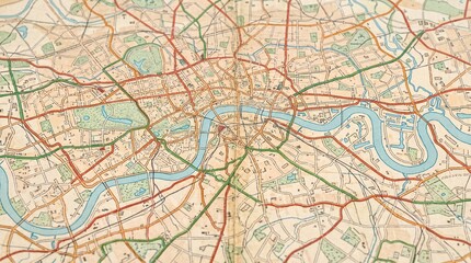 Obraz premium Vintage paper map with winding river, roads and urban grid in detailed close up, textured cartography showing streets, parks and waterways for travel planning and navigation