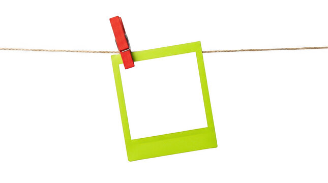 Green photo frame hanging on a clothesline isolated on transparent background