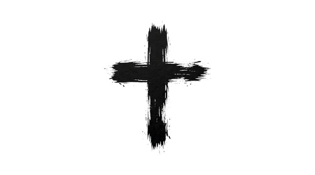 Black brush stroke cross. Grunge Christian symbol painted on white background.