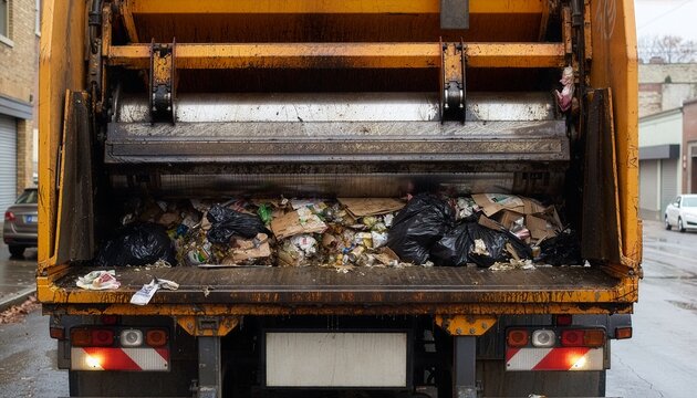Rear view of garbage truck compressing trash.