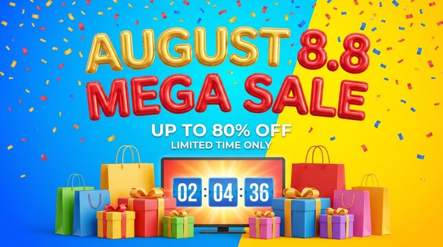 August 88 mega sale promotional banner with countdown timer and shopping bags