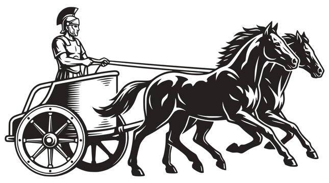 Roman chariot race illustration with warrior driving two horses