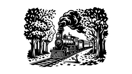 Fototapeta premium Vintage steam train traveling through a forest with trees and smoke.