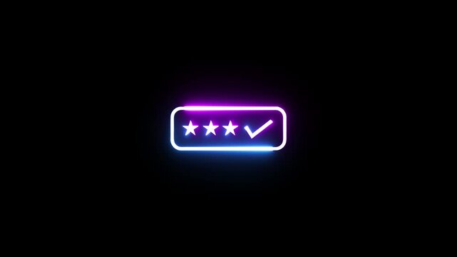 Neon rating box with three stars and check mark glowing in pink and blue on black surface.