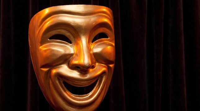 Gold theatrical comedy mask on dark velvet curtain, dramatic stage prop conveying performance, theater theme and classic entertainment symbolism with warm reflective tones