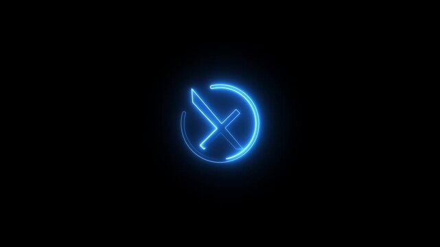 Glowing blue neon x mark inside circle animation appearing against dark black background.