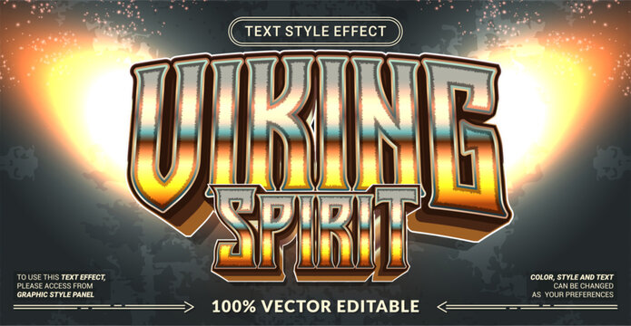Editable Viking Spirit text effect with bold lettering and rugged 3D style. Perfect for medieval themes, warrior branding, gaming, fantasy, and epic graphic designs.