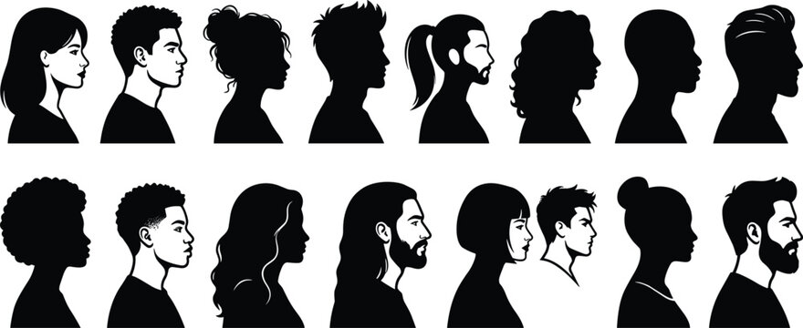 Diverse people side view silhouettes headshot avatars vector collection isolated on white background