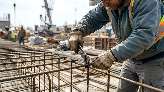 Construction worker tying rebar with pliers on building site, close-up