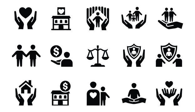 Social policy icon set, welfare and public service symbols for healthcare, education, housing, community support, government programs, and editable vector illustration.