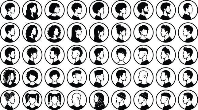 Diverse men and women head profile circular avatar vector silhouette collection with different hairstyles
