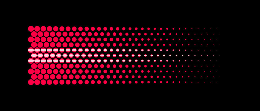 Cyberpunk neon holographic red halftone dotted gradient stripe tapered horizontal dot pattern