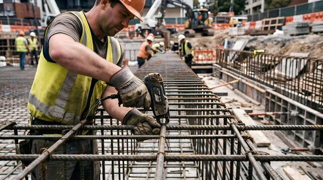 Construction worker uses tie wire tool to secure steel rebar on site.