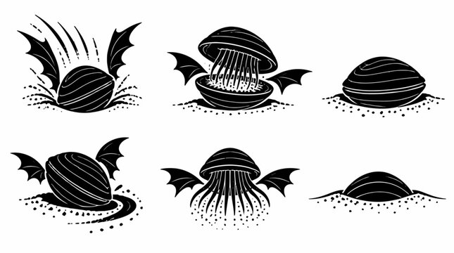 Fantasy winged seed pods with tentacles, black and white vector set