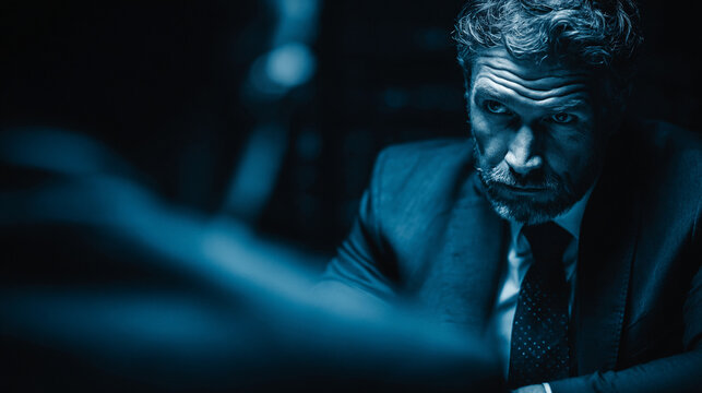Man sitting in a dark interrogation room showing suspicious behavior in a dramatic cinematic style