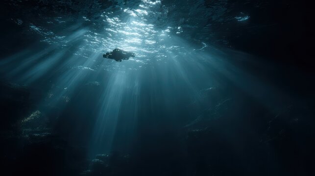 underwater autonomous drone mapping ocean floor, soft light beams, wide composition, ultra detailed 8k