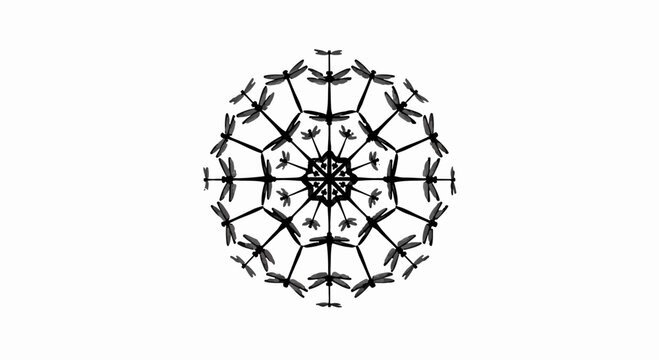 Intricate black and white mandala pattern of delicate dragonflies.