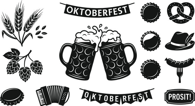 Oktoberfest celebration black vector silhouettes set with clinking beer mugs pretzels hops and festival banners