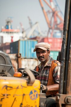 Indian dockworker operating forklift at shipping container yard