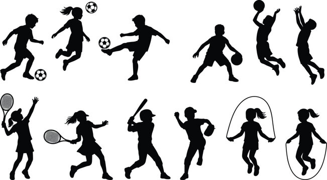 Children playing sports black vector silhouettes set featuring soccer tennis basketball baseball and rope skipping