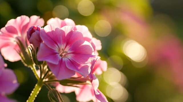 Pink geranium flowers in bright sunlight with bokeh.