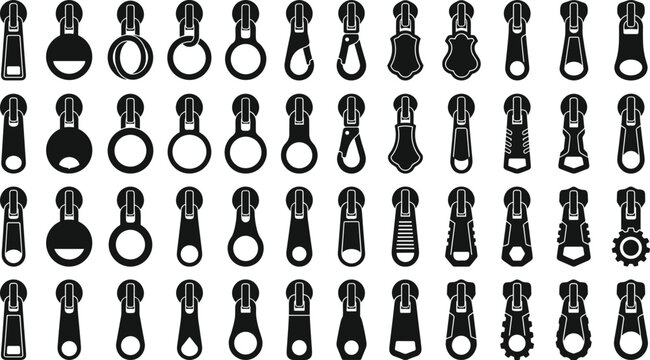 Zipper sliders and pull tabs black vector silhouettes set for garment and bag hardware technical designs
