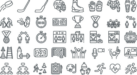Ice Hockey and Winter Sports Line Icon Set Featuring Puck, Sticks, Skates, Helmets, Scoreboards, Championship Trophies, Tactics, and Team Coaching Gear Symbols © Salina