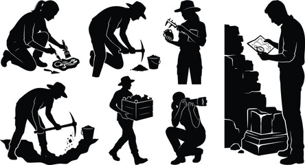 Archaeology and history research silhouettes set with scientists uncovering fossils, digging ruins, and analyzing artifacts © Radongo