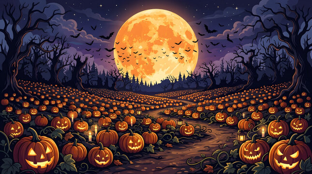 Spooky halloween pumpkin patch background with full moon and bats