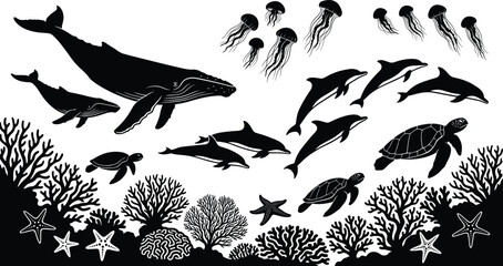 Black and white sea life silhouette collection with whale dolphins sea turtles jellyfish and coral reef © Radongo