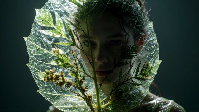 Young woman behind a transparent autumn leaf. Female portrait with seasonal foliage and water drops.