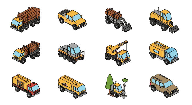 Isometric construction and utility vehicles, diverse fleet collection