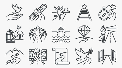 Professional Black and White Line Icons Set of 15 Unique Symbols for Travel Adventure and Exploration Themes © Uji