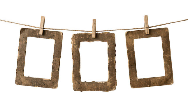 Three photo frames hanging on a clothesline isolated on transparent background