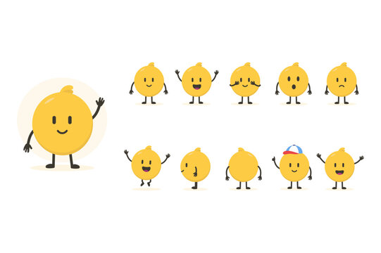 Set of cheerful and expressive yellow round character with arms and legs, depicted in different poses and moods, ready for use in various designs