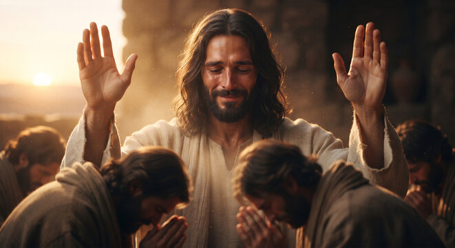 Bible, &nbsp;A poignant, close-up photograph focusing on Jesus&rsquo; face and raised hands as he offers a final blessing. The light from the rising sun catches his robes, creating a subtle, golden radiance 