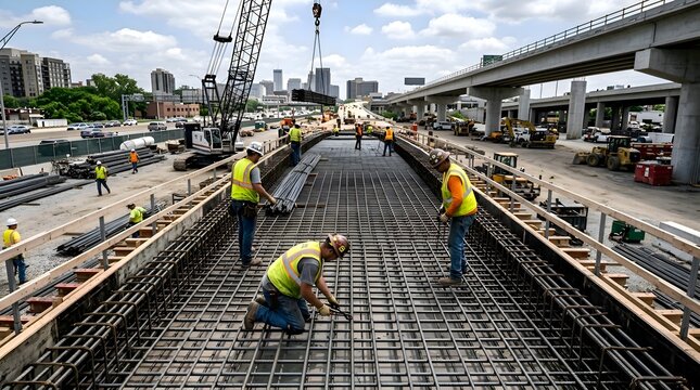 Construction workers building highway bridge with crane and rebar in urban setting