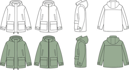 Mens hooded parka jacket fashion technical sketch vector template front back and side views © Md Atiar Rahman