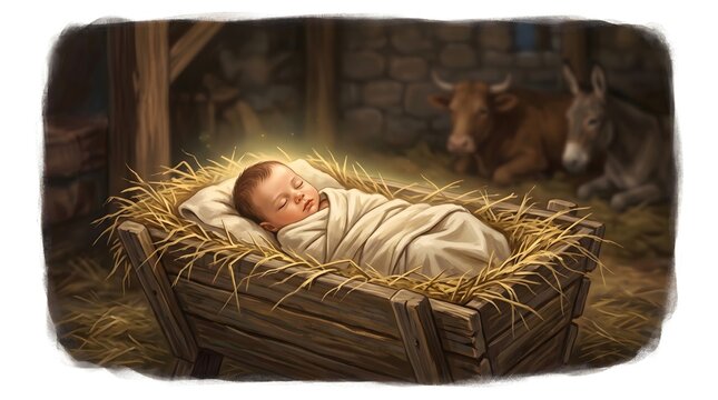 Manger Hay, Nativity Illustration, Nativity scene newborn baby jesus christ in manger on hay Christian religious nativity illustration