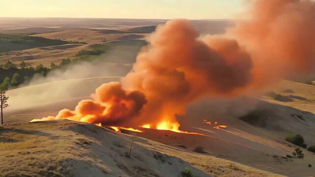 Wildfire Burning Through Dry Grassland Aerial View