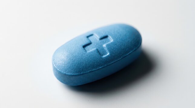 Single blue pill with cross symbol on white surface, medicine