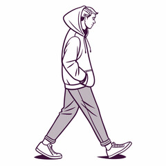 Obraz premium Young Man in Casual Hoodie Walking Alone in Simplistic Vector image isolated on white background.