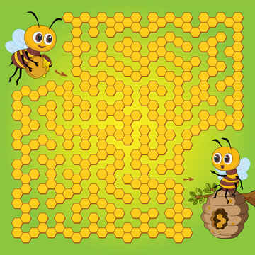 Maze game for kids with cartoon bees, honeycombs and beehive.