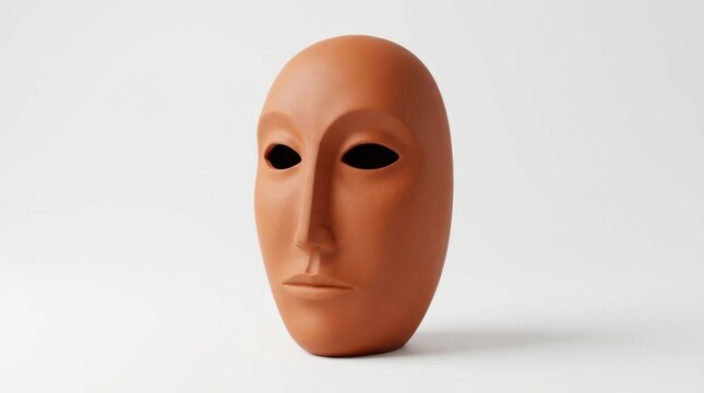 Minimalist terracotta human face mask sculpture with sculpture