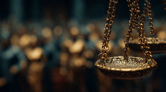 Golden Scales of Justice Balancing in a Courtroom Setting with Blurred Background and Dramatic Light