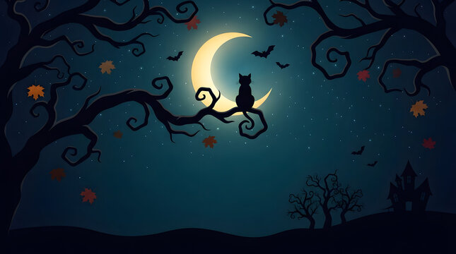 Spooky halloween background with black cat moon and haunted house illustration
