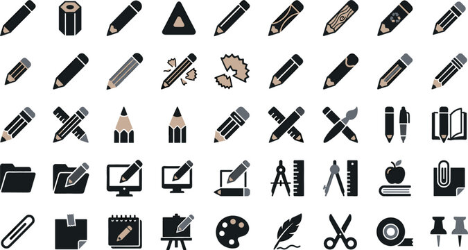 Pencil and Stationery Flat Icon Set for School Supplies, Creative Office Tools, Graphic Design, Drawing Equipment, Technical Sketching, and Educational Vector Illustrations