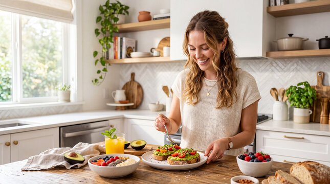 Woman preparing healthy breakfast in kitchen