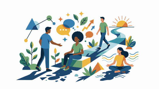 A colorful illustration of four people engaging in conversation and meditation outdoors