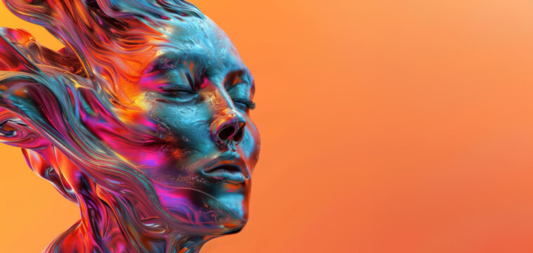 Abstract 3D human profile with psychedelic swirls and orange hue